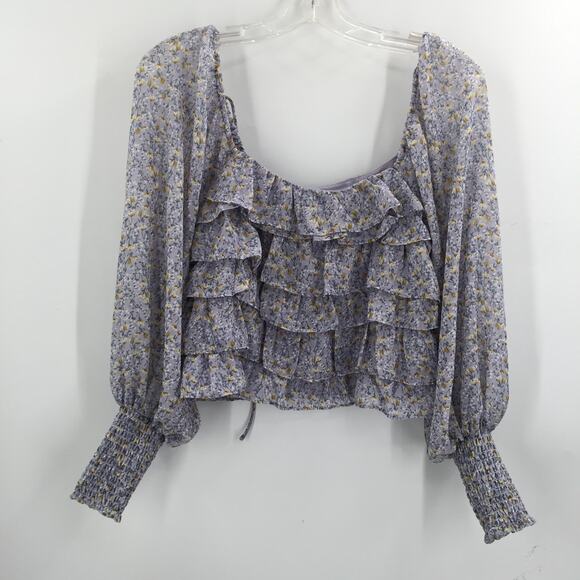 ASTR Women's Ruffle Neck Blouse Top Blue Ditsy Lavender Ruched Cuffs X-Small NWT - Picture 2 of 6